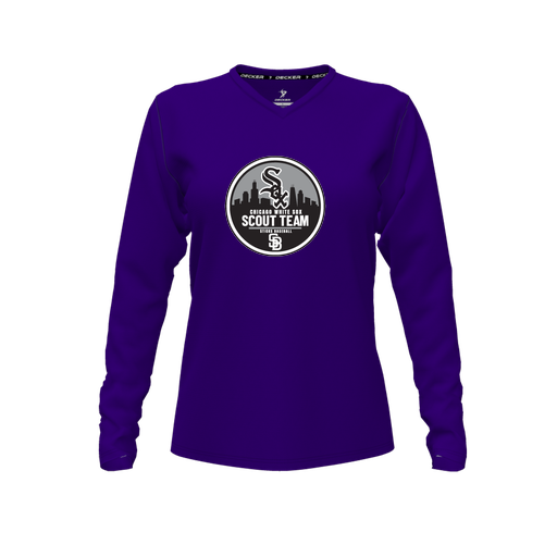 [CUS-DFW-TEES-CMF-VNK-LSL-PUR-FYXS-LOGO3] Decker Comfort T-Shirt (Female Youth XS, Purple, V Neck, Logo 3, Long Sleeve)