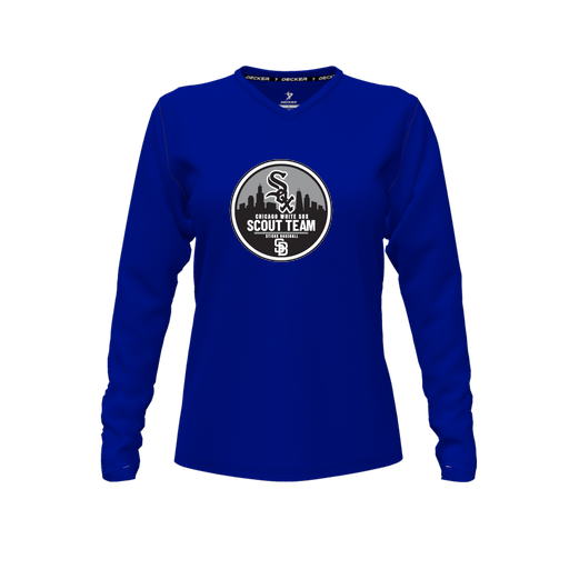 [CUS-DFW-TEES-PER-VNK-LSL-RYL-FYXS-LOGO3] Performance T-Shirt (Female Youth XS, Royal, V Neck, Logo 3, Long Sleeve)