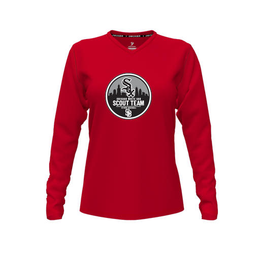 [FTLVPTRD-FYXS-LOGO3] Decker Performance T-Shirt (Female Youth XS, Red, V Neck, Logo 3, Long Sleeve)